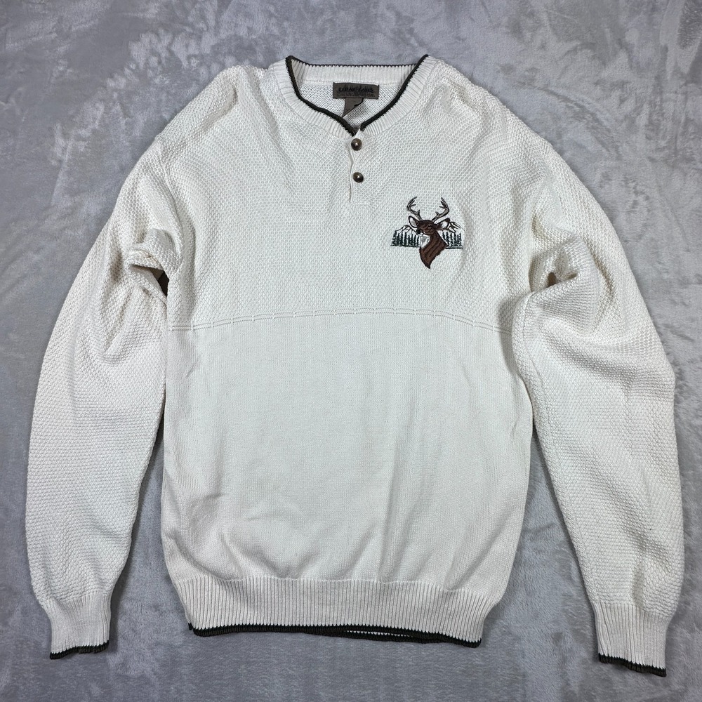 Cedar Falls Henley Sweater Mens Size Medium Ivory Knit Embroidered Deer Wildlife